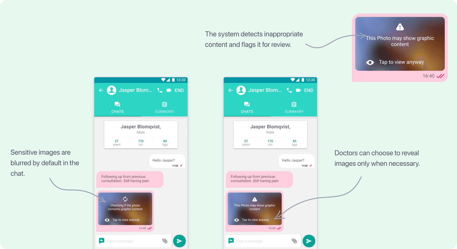 Doctor chat screens showing blurred sensitive images and graphic content controls