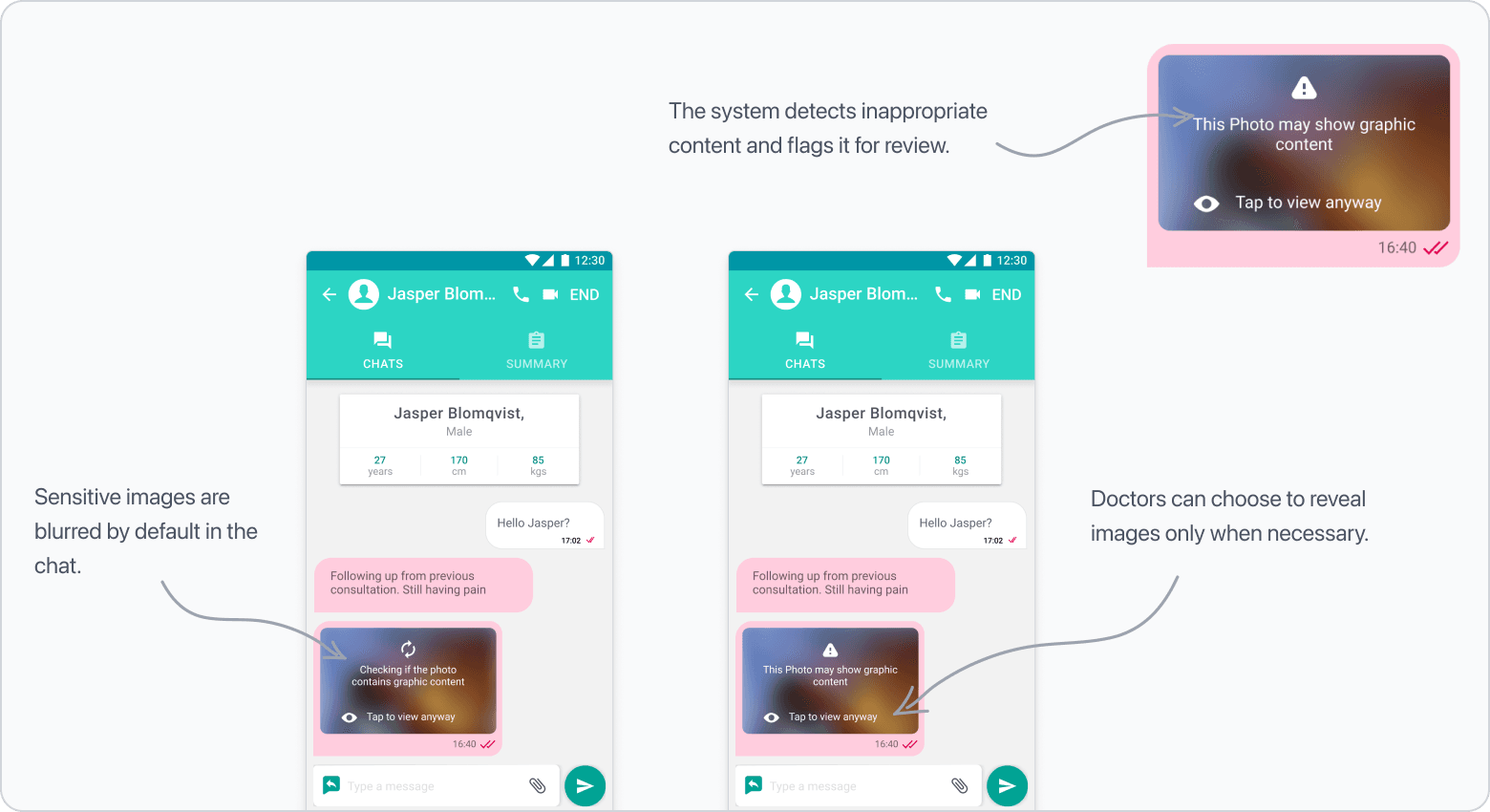 Doctor chat screens showing blurred sensitive images and graphic content controls