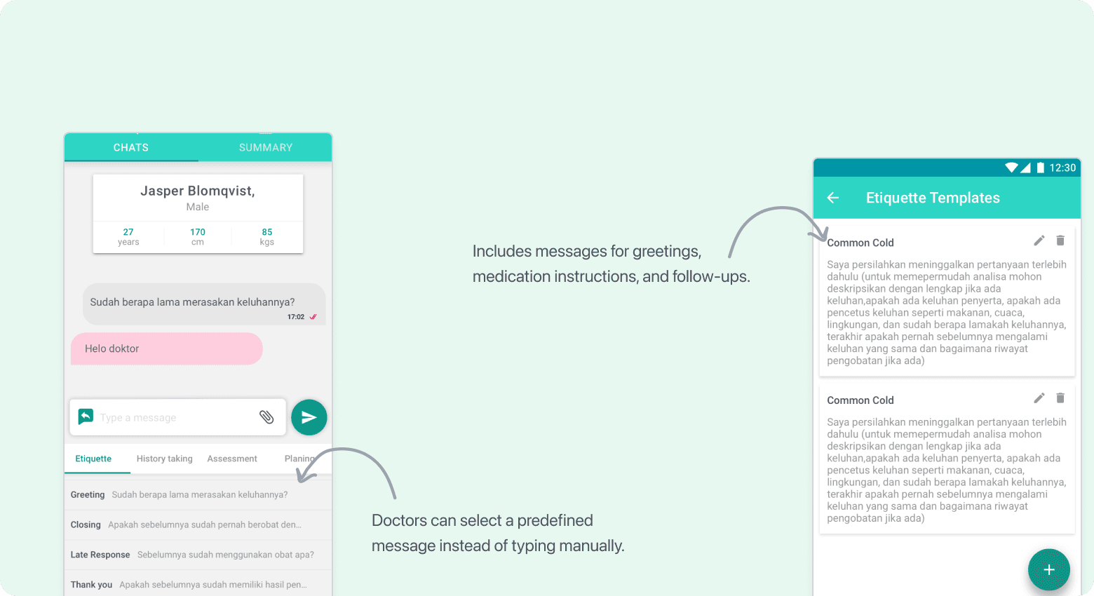 Doctor chat screens showing reusable response templates and patient messaging