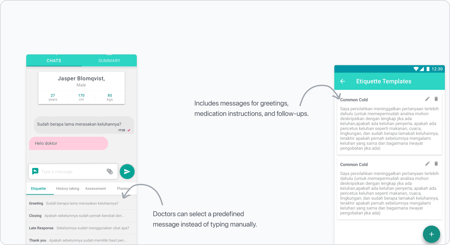 Doctor chat screens showing reusable response templates and patient messaging