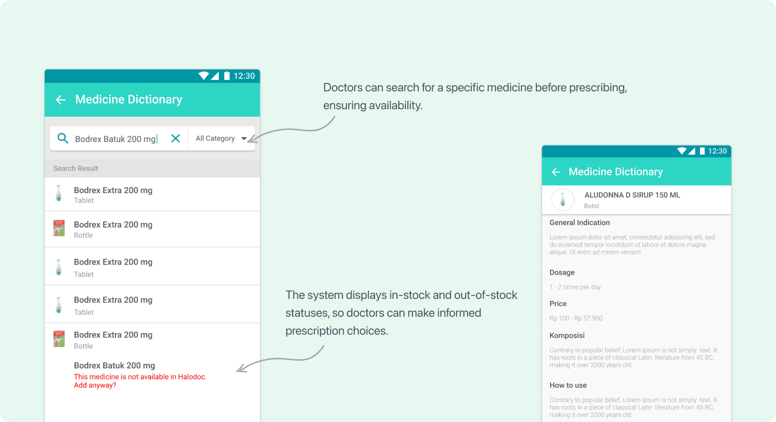 Medicine fulfilment screen showing medicine search, stock visibility, and prescription details