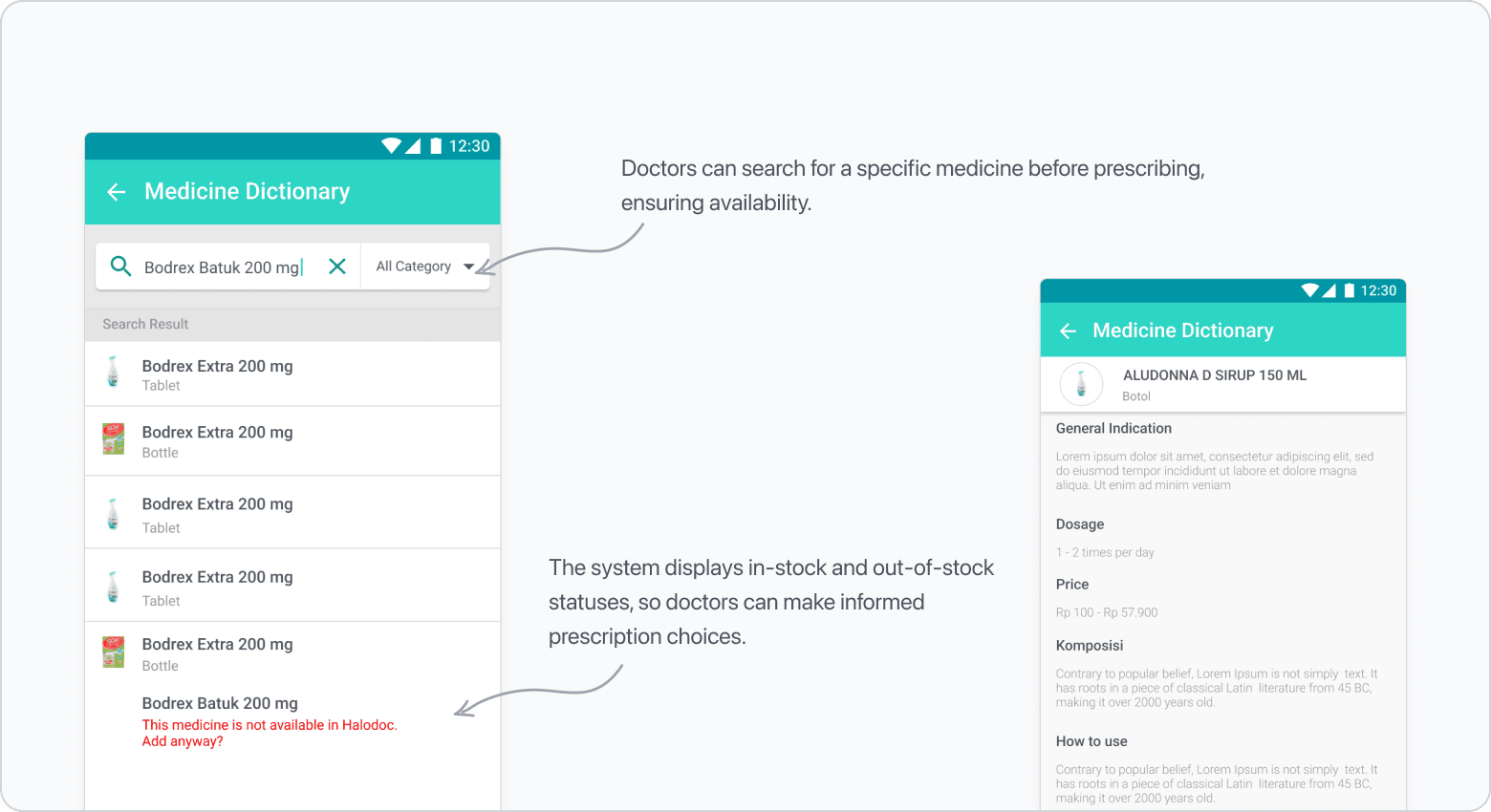 Medicine fulfilment screen showing medicine search, stock visibility, and prescription details