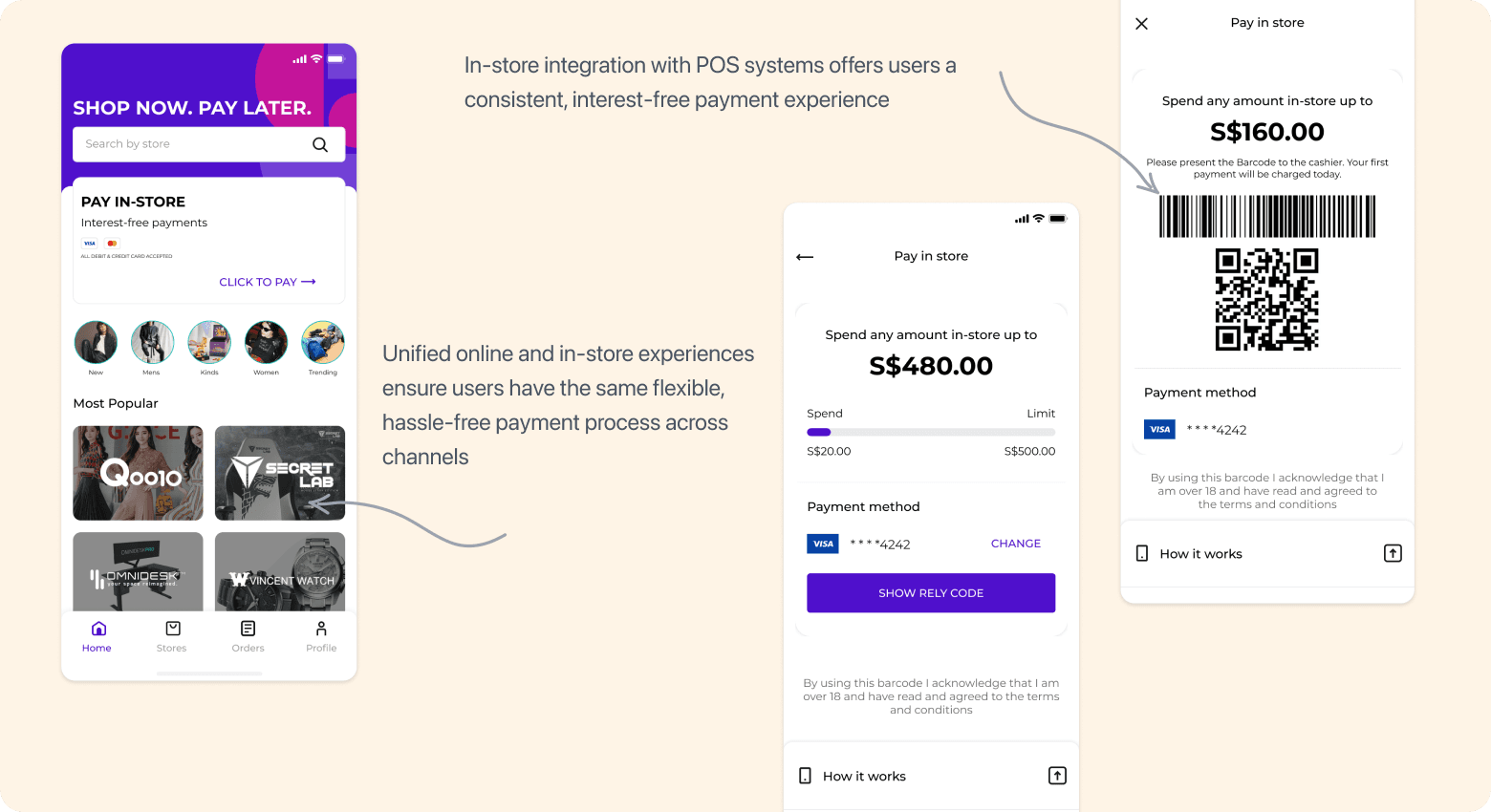 Unified online and offline payment experience screens
