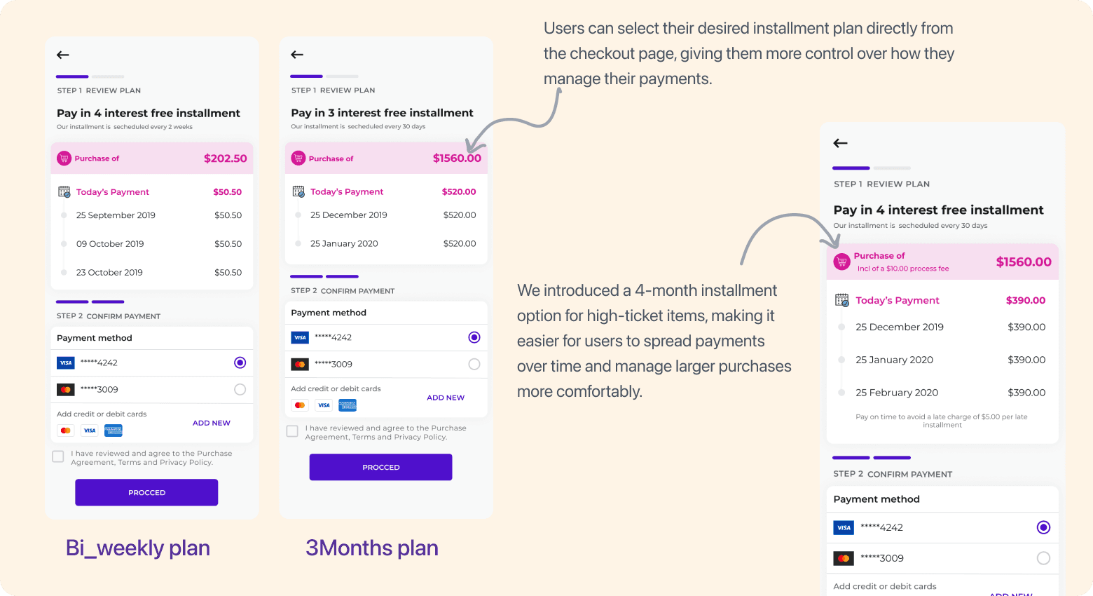 Installment plan selection screens showing bi-weekly and 3-month payment options