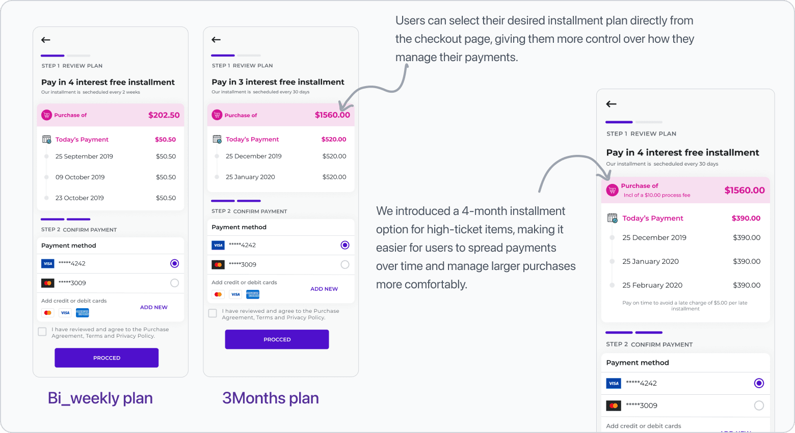 Installment plan selection screens showing bi-weekly and 3-month payment options