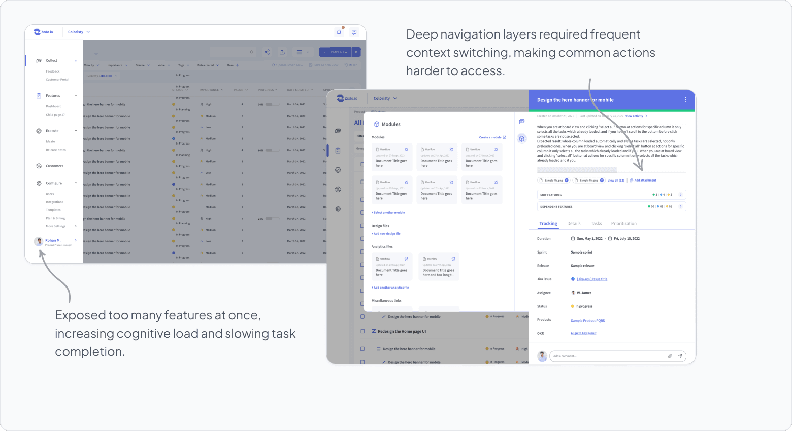 Annotated previous Zeda navigation showing overloaded workflows