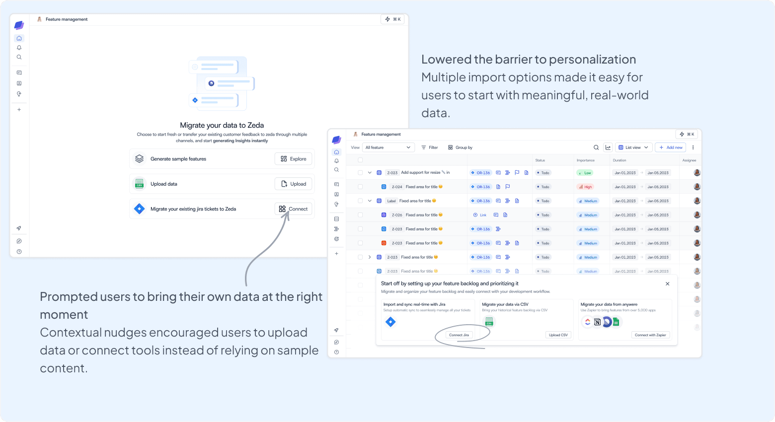 Contextual Zeda nudge encouraging users to import data
