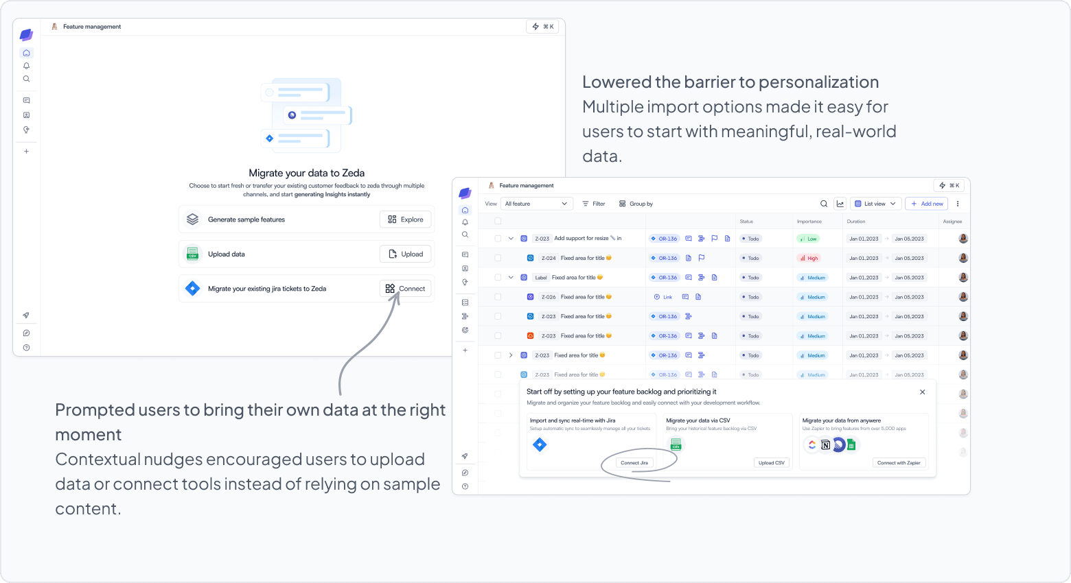 Contextual Zeda nudge encouraging users to import data