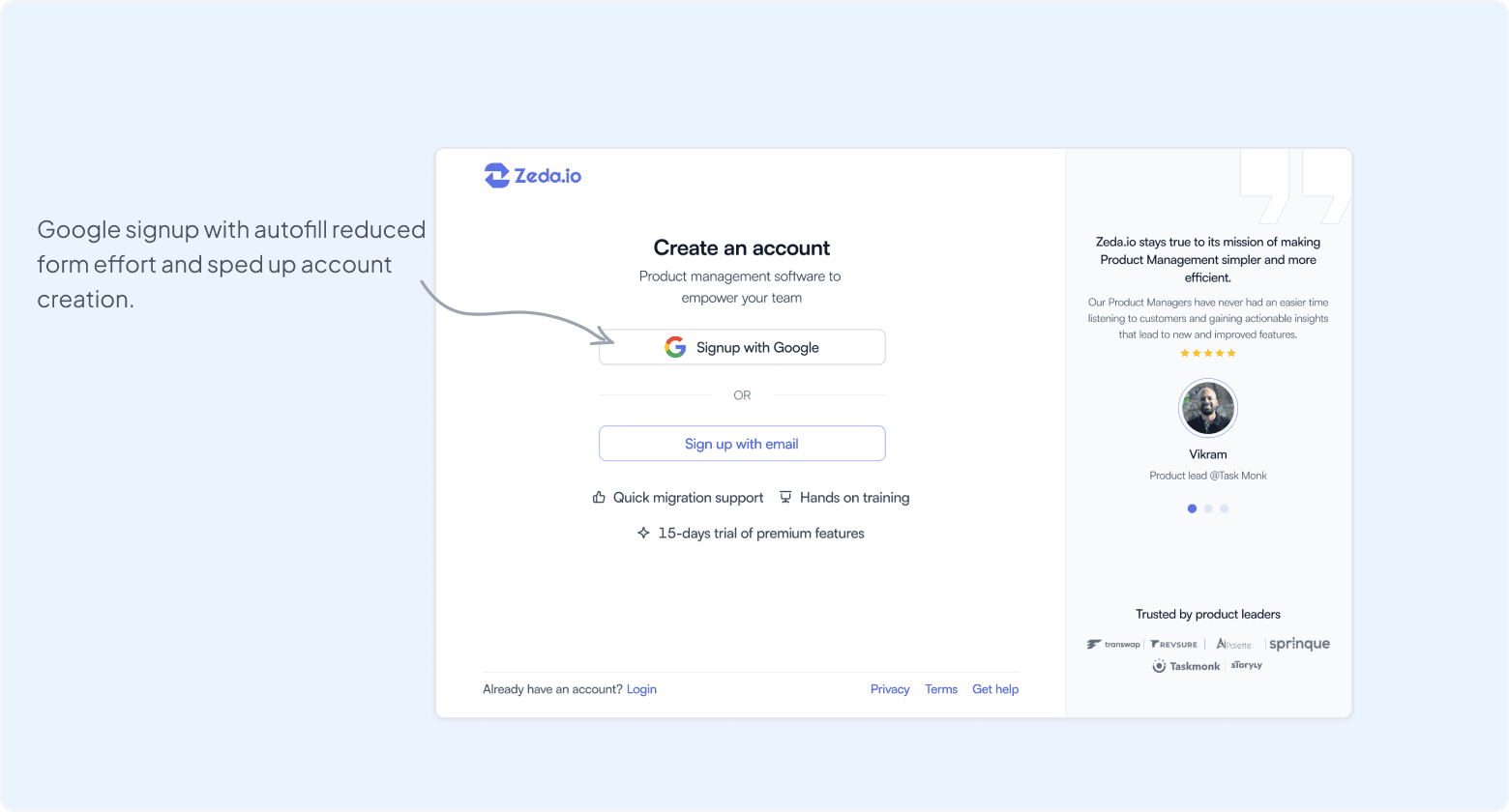 Redesigned Zeda Google signup screen