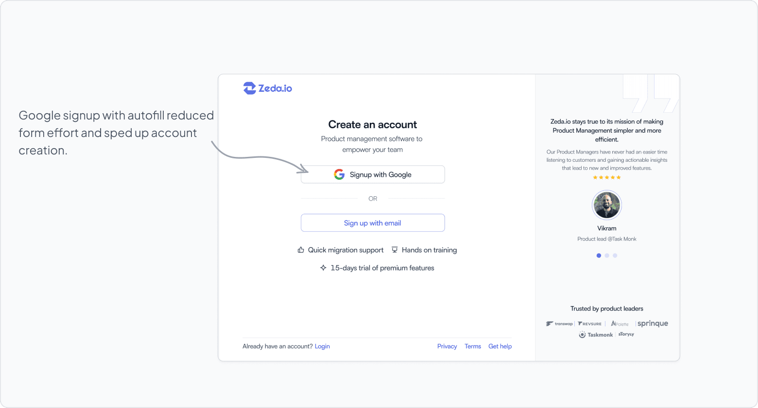 Redesigned Zeda Google signup screen