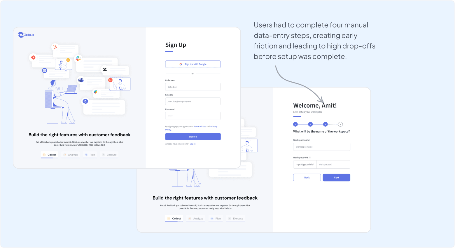 Old Zeda onboarding screens before the redesign