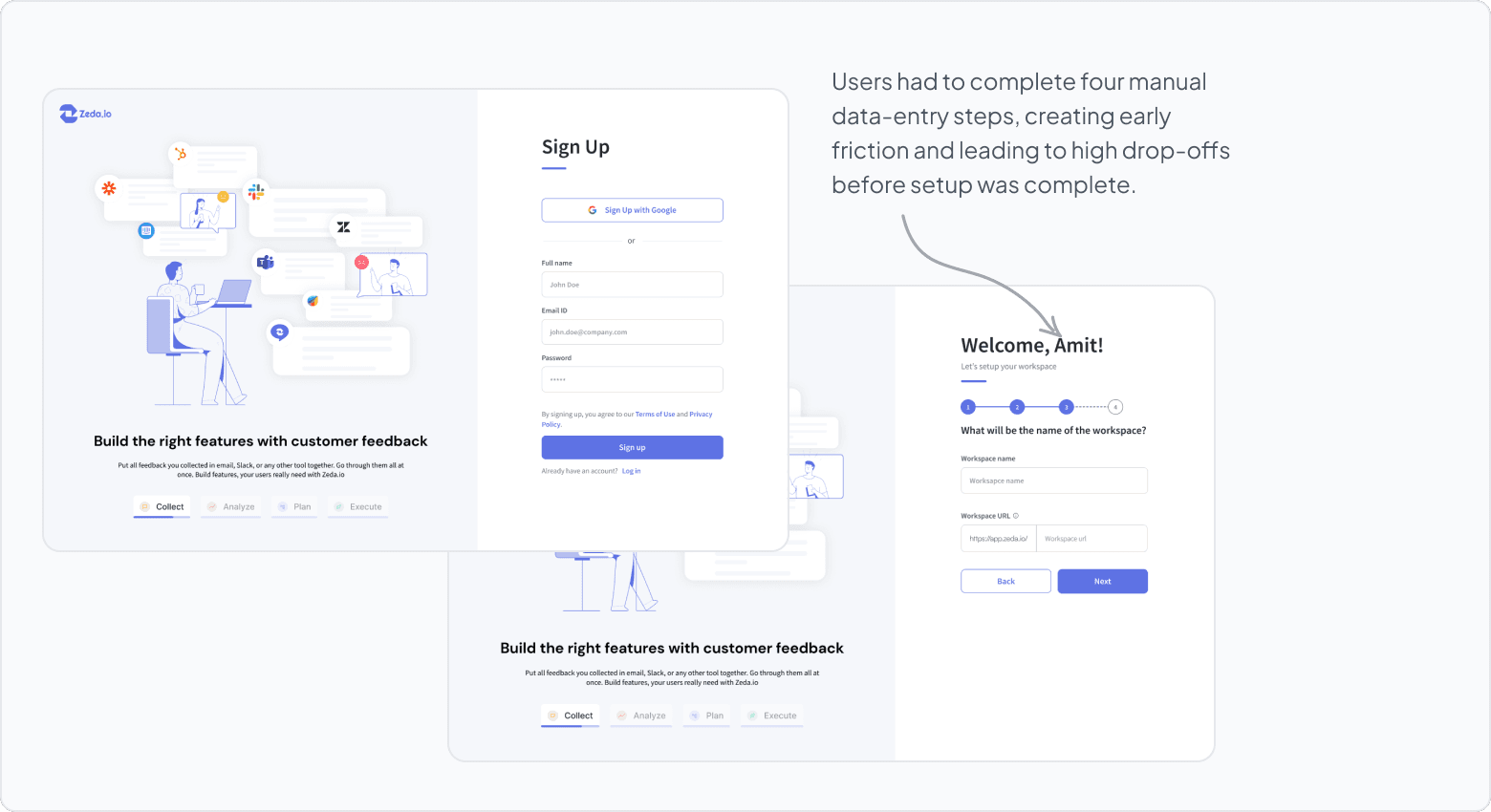Old Zeda onboarding screens before the redesign