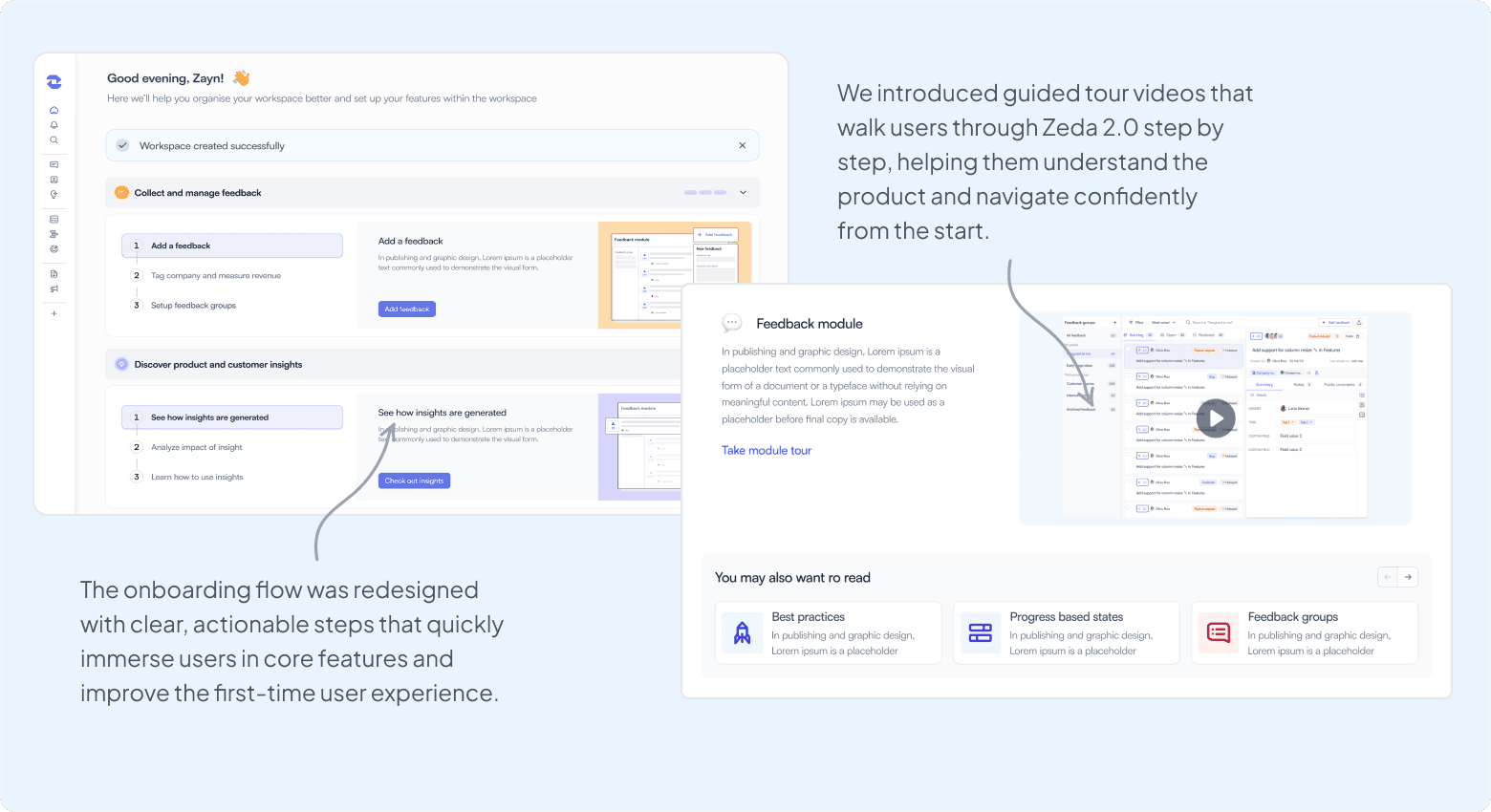 Personalized Zeda nudges that guide users through setup