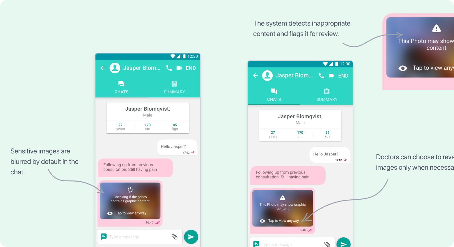 Video consultation screens with chat and content moderation