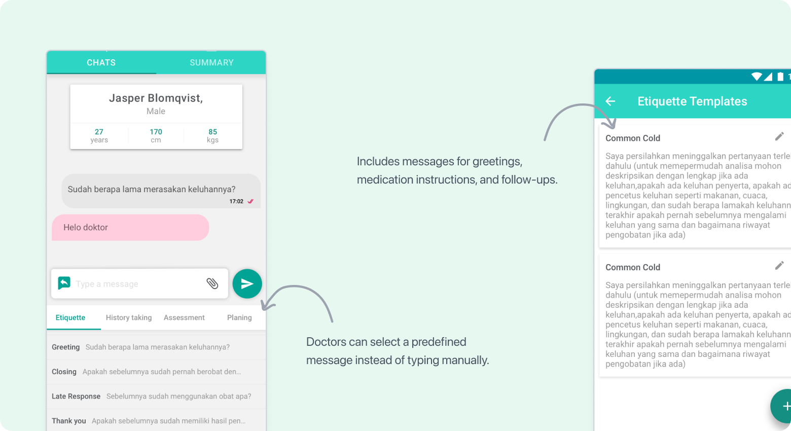 Patient notes and predefined message screens