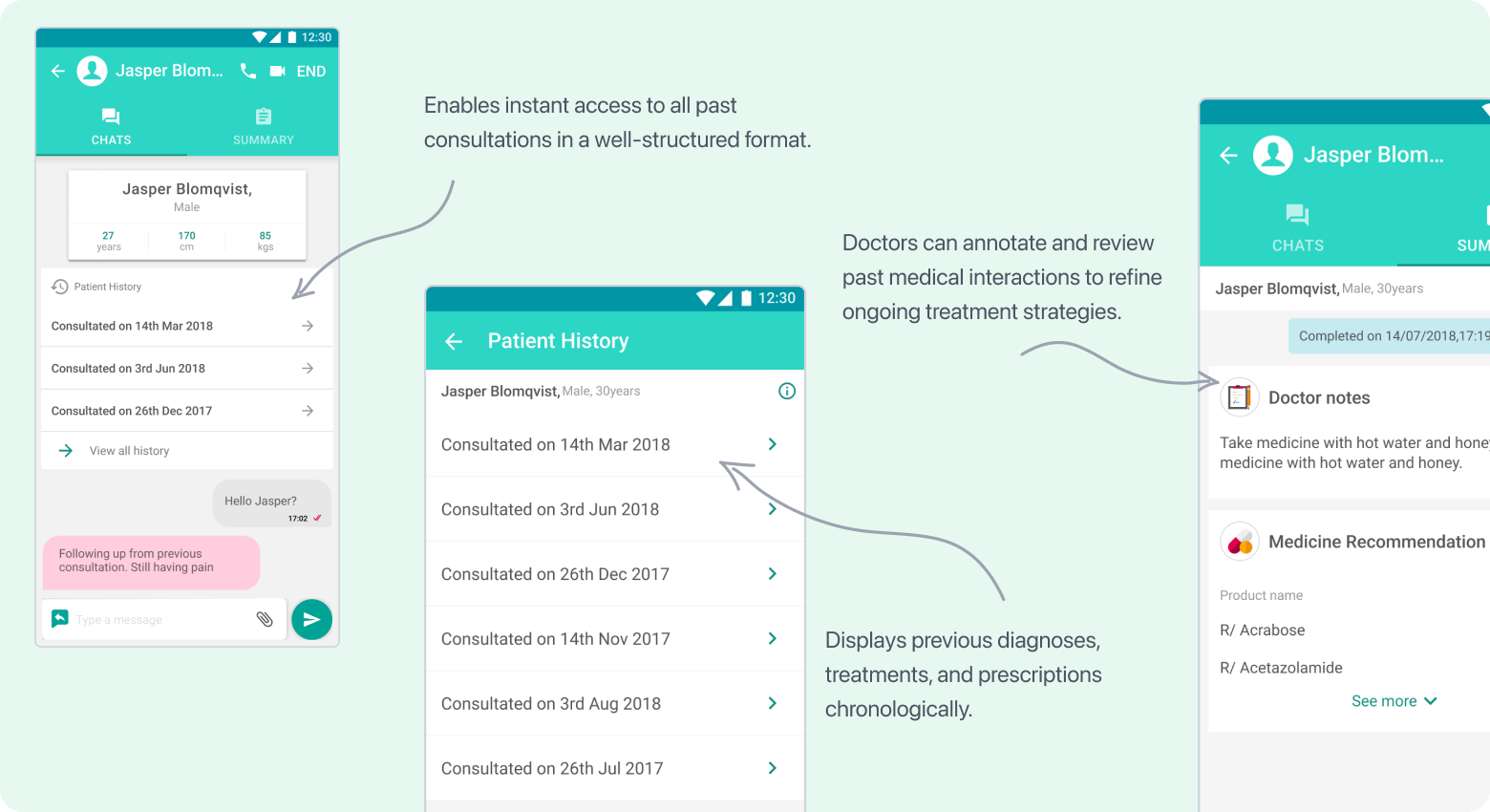 Patient history screens with past consultations, diagnoses, and prescriptions