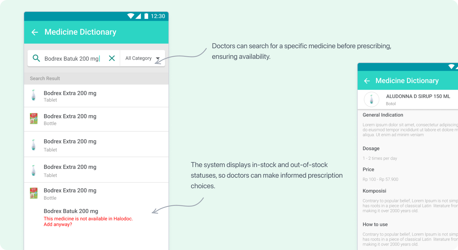 Notification dashboard showing medicine search and prescription details