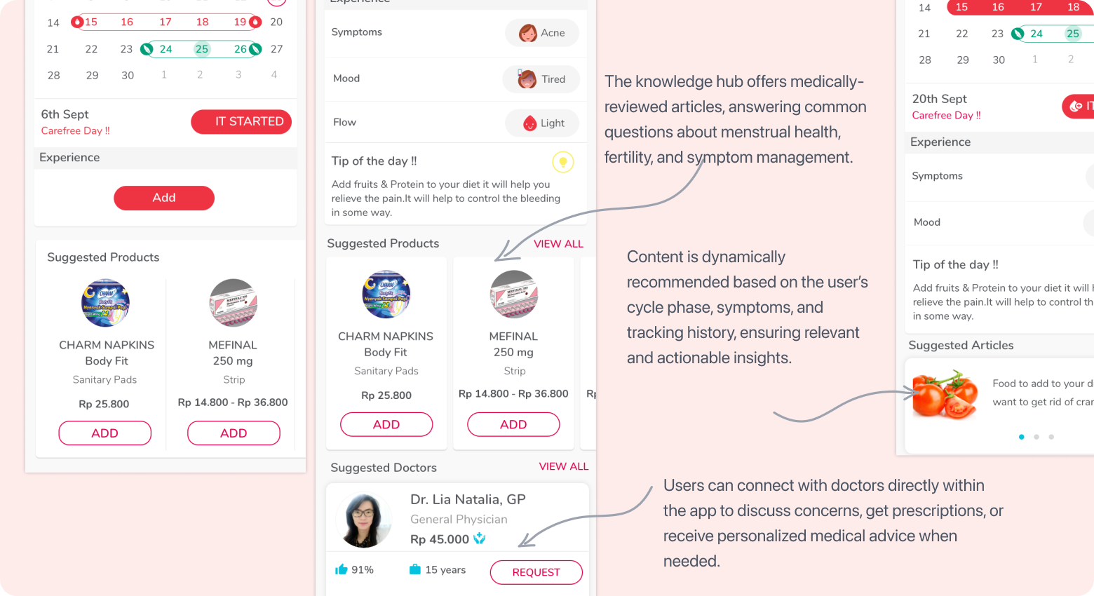 Web care hub screens with articles, medicines, and doctor consultation options