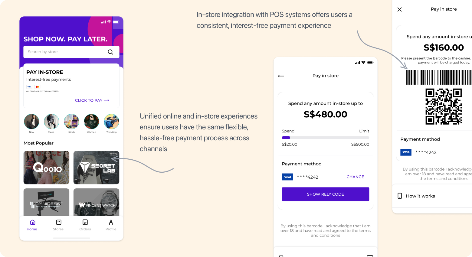 Unified online and offline payment experience screens