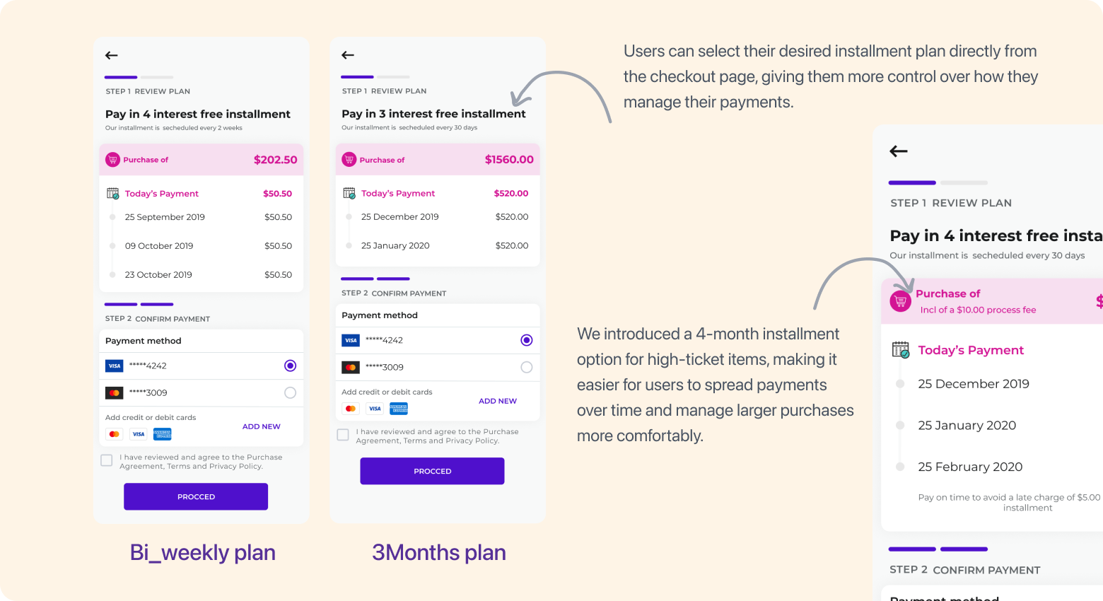 Installment plan selection screens showing bi-weekly and 3-month payment options