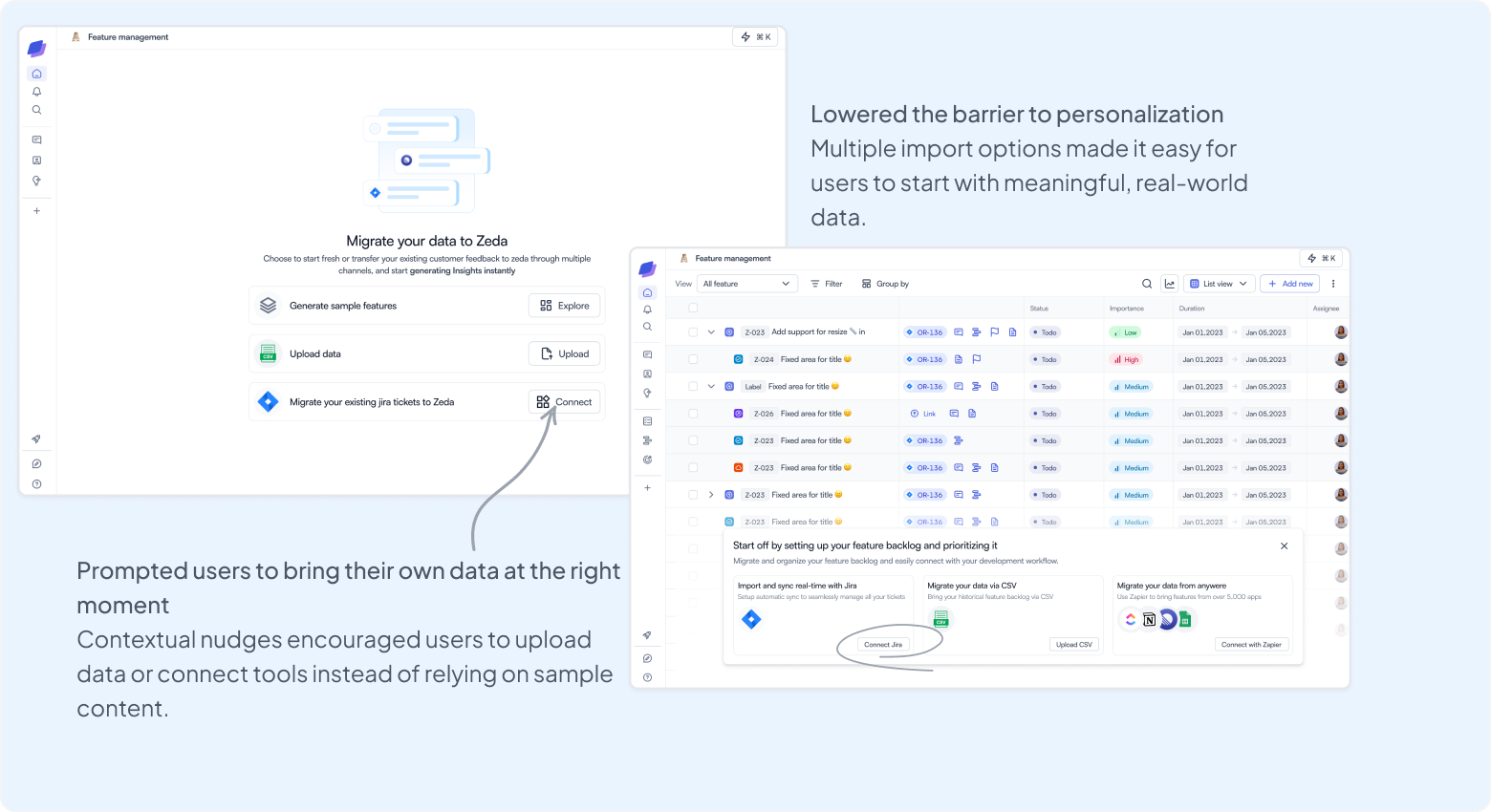 Contextual Zeda nudge encouraging users to import data