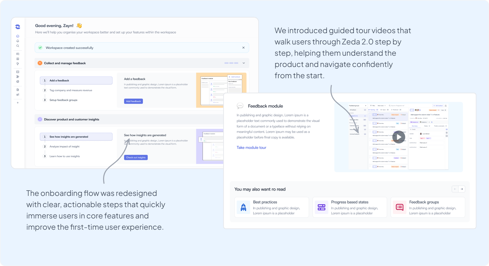 Personalized Zeda nudges that guide users through setup